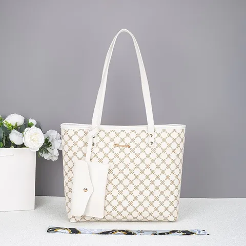 Damen Große Kapazität Monogramm Bedruckte Tragetasche Mode PU Leder Handtasche Mit Seidenschal Und Beutel Business Casual Umhängetasche