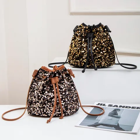 Women Fashion Sequin Bucket Bag Drawstring PU Leather Splicing Single Shoulder Messenger Bag Glitter Casual Daily Tote Bag For Lady