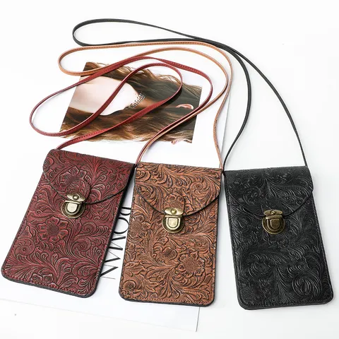 Borsa a Tracolla da Donna in Pelle PU con Relieve Vintage Chic Chiusura in Metallo Singolo Riemen Piccola Borsa per Cellulare