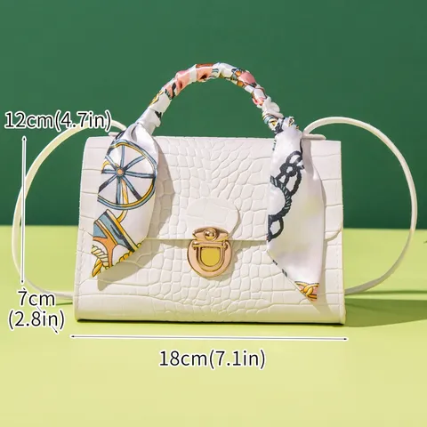 Women Trendy PU Crocodile Embossed Top Handle Bag Ribbon Scarf Wrapped Shoulder Bag Small Crossbody Square Purse With Metal Lock