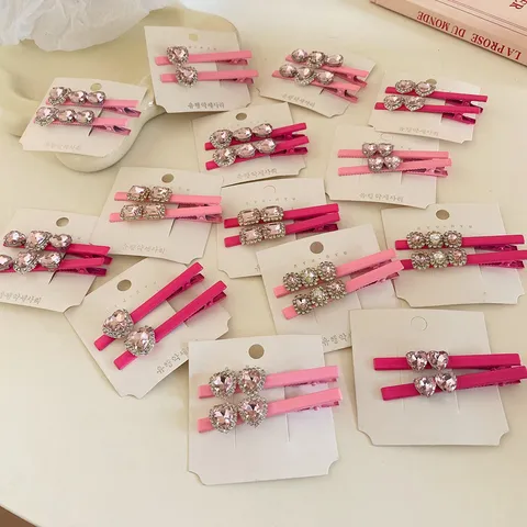 Zoete Legering Strass Hart Eendenbek Clip Set Roze Rechthoekig Haarspeld Mode Haarspelden Sieraden Voor Dames Meisjes