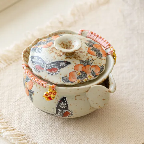 Théière en Céramique de Style Chinois Avec Motif de Fleurs de Pêcher et Papillons Glaçure Caramel Théière Kung Fu Accessoires Thé Maison Ornement