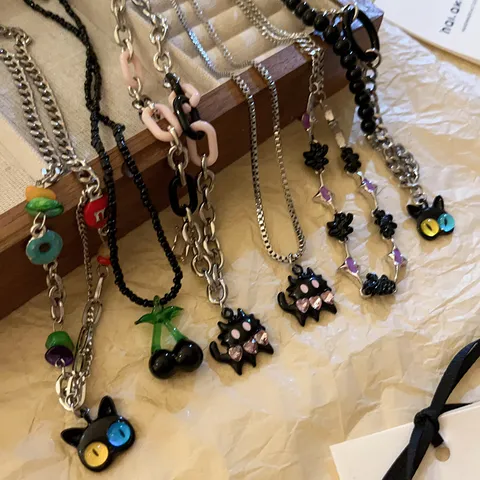 Y2K Sweet Cool Big Eyed Cat Cherry Pendant Necklace For Women Dark Style Gothic Heart Flower Choker Alloy Rhinestone Artificial Pearl Jewelry
