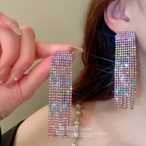 Exaggerated Colorful Zirconia Heart Tassel Earrings For Women Copper Long Fringe Drop Earrings Elegant Fashion Jewelry Gift