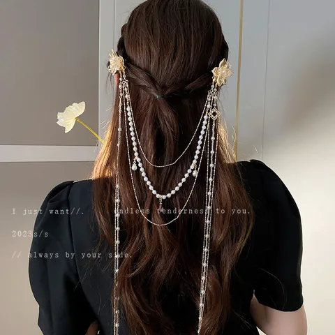 Pinza para el Pelo de Borla Larga de Flor de Cobre con Diamantes de Imitación de Lujo Vintage Elegante Tocado de Perlas Artificiales Cadena de Pelo para Mujeres Joyería de Fiesta