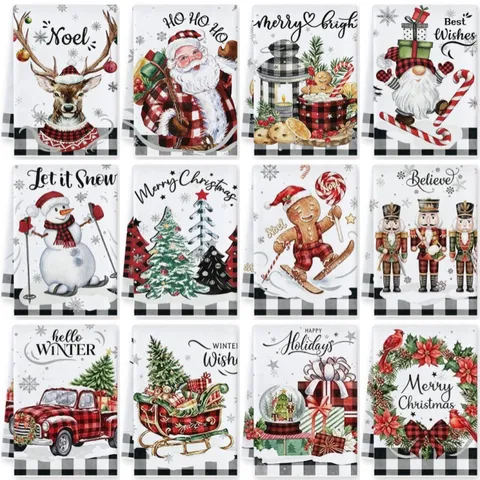Kerst Notenkraker Kabouter Slee Bedrukte Microvezel Keukendoeken Rood Zwart Geruit Vaatdoeken Feestelijke Decoratie