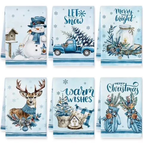 Blauwe Kerst Microvezel Keukenhanddoek Absorberende Vaatdoek Met Sneeuwpop Rendier Vrachtwagen Print Feestelijke Winter Decoratie Voor Keuken