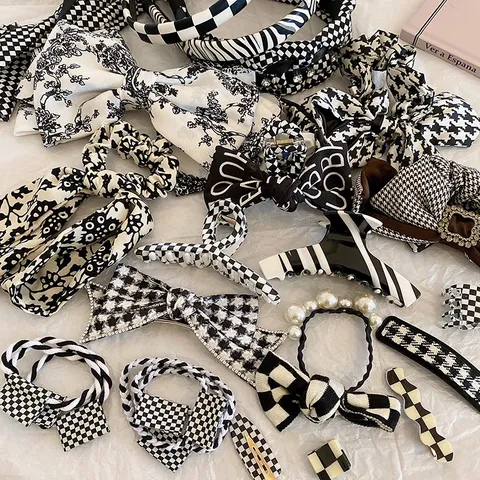 Schwarz Weiß Kariert Schleife Haargummi Set Hahnentritt Haarbänder Strass Künstliche Perle Haarschmuck Für Frauen