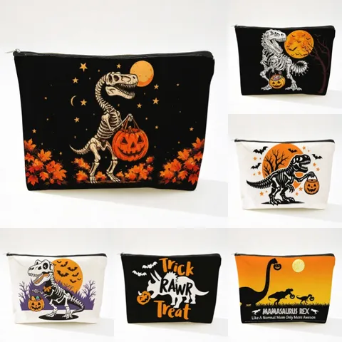 Halloween Dinosaur Skeleton Pumpkin Print Cosmetic Bag Faux Linen Zipper Travel Toiletry Wash Storage Pouch Organizer For Women