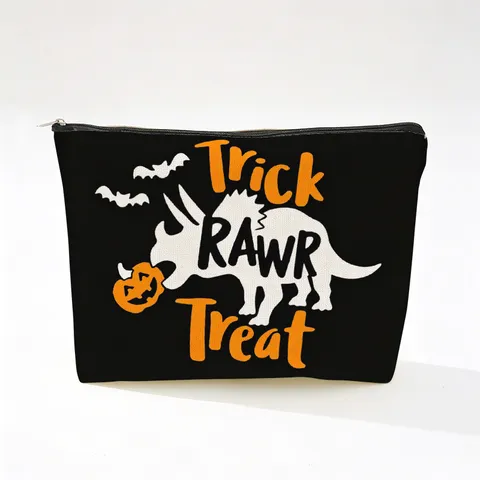 Halloween Dinosaur Skeleton Pumpkin Print Cosmetic Bag Faux Linen Zipper Travel Toiletry Wash Storage Pouch Organizer For Women