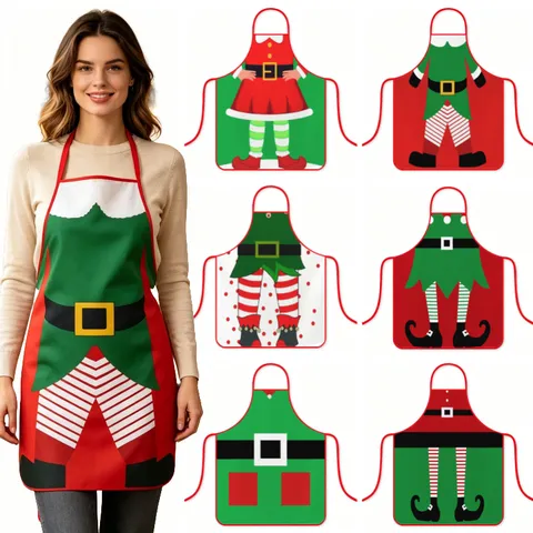 Christmas Elf Printed Apron Waterproof Polyester Sleeveless Hanging Neck Bib For Home Kitchen Holiday Party Cooking Decor