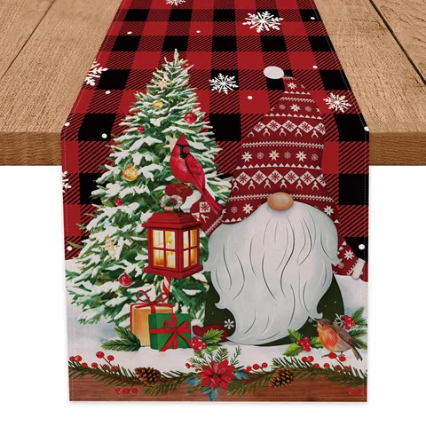 Faux Linen Christmas Table Runner Poinsettia Snowflake Digital Print Polyester Buffalo Plaid Tablecloth For Holiday Party Dining Decor