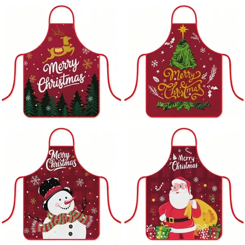 Delantal Estampado de Poliéster Impermeable de Navidad Merry Christmas Reno Muñeco de Nieve Papá Noel Delantal con Peto para Cocina Limpieza Hogar