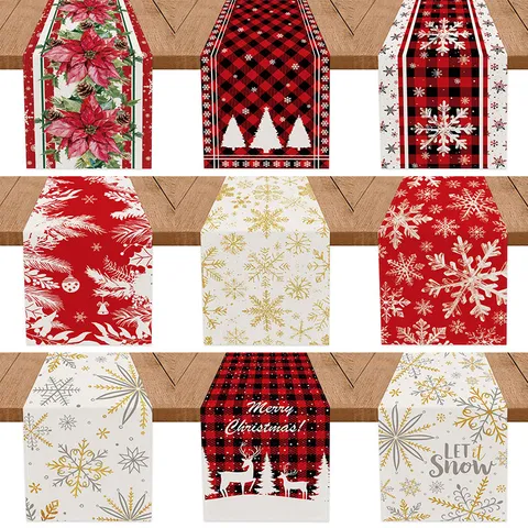 Faux Linen Christmas Table Runner Poinsettia Snowflake Digital Print Polyester Buffalo Plaid Tablecloth For Holiday Party Dining Decor