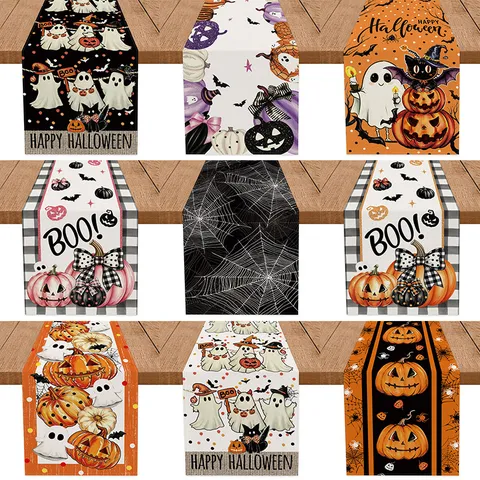 Halloween Table Runner Pumpkin Ghost Spider Web Printed Polyester Tablecloth For Holiday Dining Room Party Table Decoration
