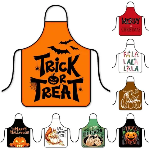 Delantal de Poliéster Impermeable Con Estampados de Calabaza Murciélago Halloween Navidad Papá Noel Para Cocina Horneado Cocinar Unisex