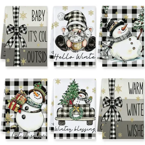 Christmas Kitchen Towel Microfiber Buffalo Plaid Snowman Gnome Printed Tea Towel Dish Cloth For Home Holiday Decor