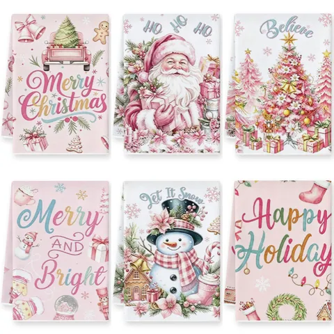 Vintage Aquarel Roze Kerstmis Microvezel Keukentheedoek Absorberende Reinigingsdoek Kerstman Sneeuwpop Decoratie