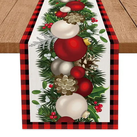 Kerst Tafelloper Rooster Rand Kerstster Bloemen Bal Print Linnen Look Polyester Vakantie Feest Eettafel Decoratie