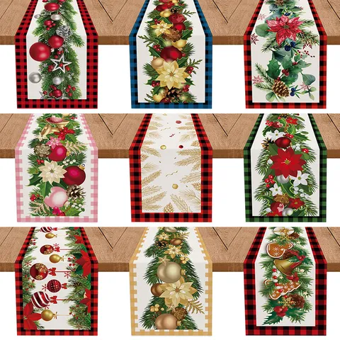 Kerst Tafelloper Rooster Rand Kerstster Bloemen Bal Print Linnen Look Polyester Vakantie Feest Eettafel Decoratie