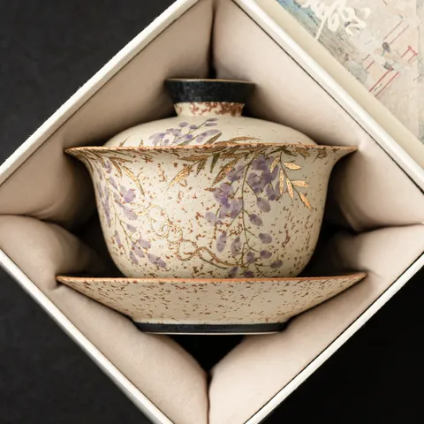 Handgeschilderde Blauwe Regen Keramiek Gaiwan Verguld Flintrood Theekom Chinees Vintage Kung Fu Theeset Met Deksel Voor Kantoor