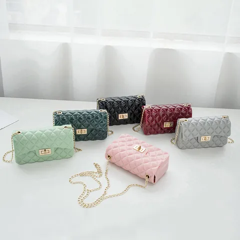 Damen Gesteppte Gelee Tasche PVC Rautenmuster Kleine Umhängetasche Goldene Kette Schultertasche Frische Lässige Messenger Bag