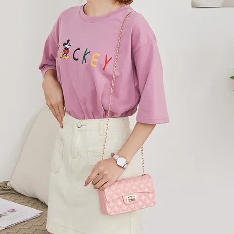 Damen Gesteppte Gelee Tasche PVC Rautenmuster Kleine Umhängetasche Goldene Kette Schultertasche Frische Lässige Messenger Bag
