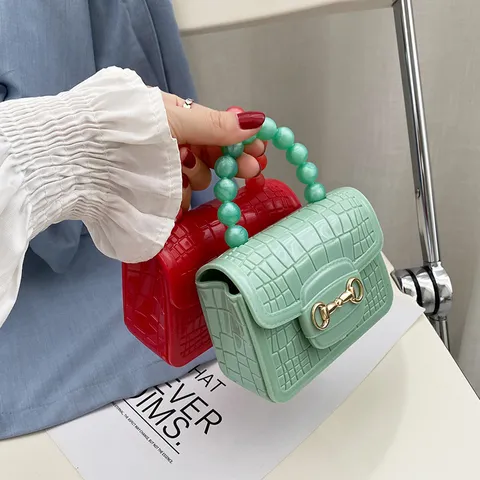Modische Krokodilmuster PVC Geleetasche Mit Perlengriff Goldener Gebiss-Verzierung Mini Umhängetasche Henkeltasche Für Damen