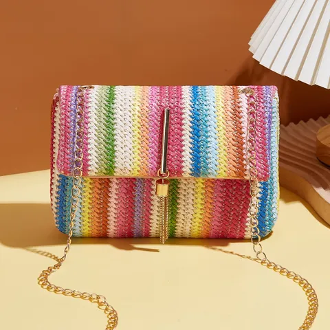 Damen Mode Bunt Strohgeflecht Umhängetasche Quaste Metall Hardware Schultertasche Kettengurt Sommer Strand Handytasche