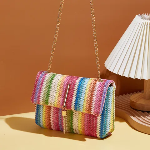 Damen Mode Bunt Strohgeflecht Umhängetasche Quaste Metall Hardware Schultertasche Kettengurt Sommer Strand Handytasche
