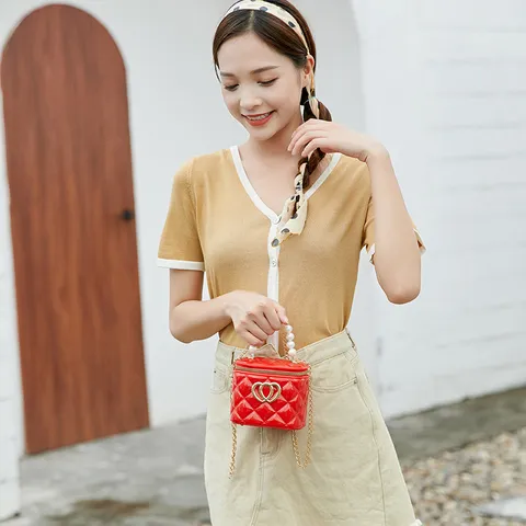 Mode Mini Gesteppte Gelee Eimertasche Damen Perlen Griff Herz Dekor Kleine Kette Schulter Umhängetasche