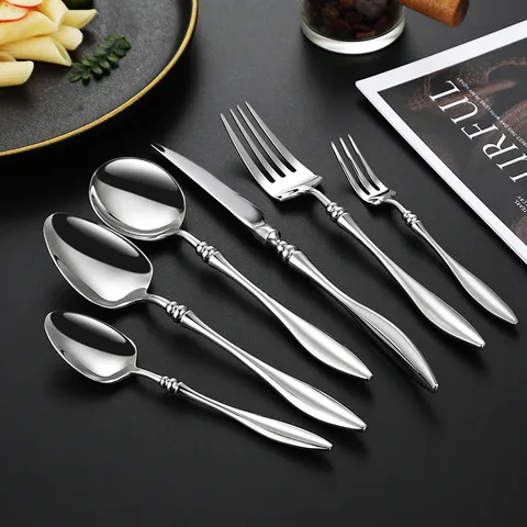 Französischer Stil 304 Edelstahl Besteck Set Spiegel Poliert Steakmesser Abendessen Gabel Löffel Weidenblatt Griff Geschirr