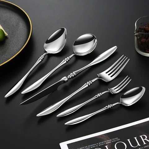 Französischer Stil 304 Edelstahl Besteck Set Spiegel Poliert Steakmesser Abendessen Gabel Löffel Weidenblatt Griff Geschirr