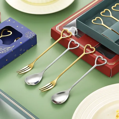 Stainless Steel Heart Shaped Coffee Spoon Fruit Fork Gift Set Mirror Polished Electroplated Cutlery Tableware For Wedding Party Café