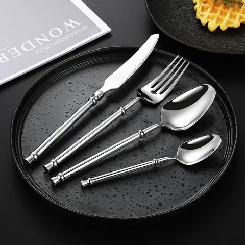 French Style 304 Stainless Steel Cutlery Luxury Silver Mirror Polished Steak Knife Dinner Fork Soup Spoon Tea Spoon Retro Cutlery