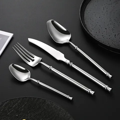 French Style 304 Stainless Steel Cutlery Luxury Silver Mirror Polished Steak Knife Dinner Fork Soup Spoon Tea Spoon Retro Cutlery
