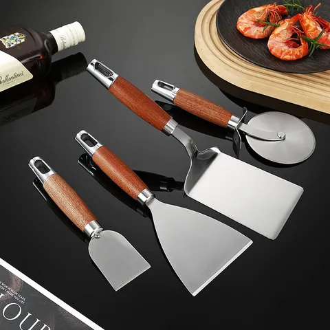 Stainless Steel Cooking Spatula With Rosewood Handle Professional Kitchen Steak Spatula Pizza Roller Cutter Mirror Polished Pizza Server For Griddle Teppanyaki Kitchen Tools