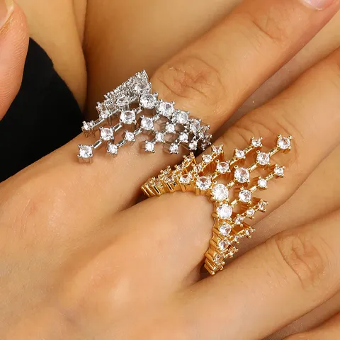 Vintage Copper Open Ring For Women Heart Castle Flower Cross Adjustable Rhinestone Artificial Pearl Double Layered Jewelry