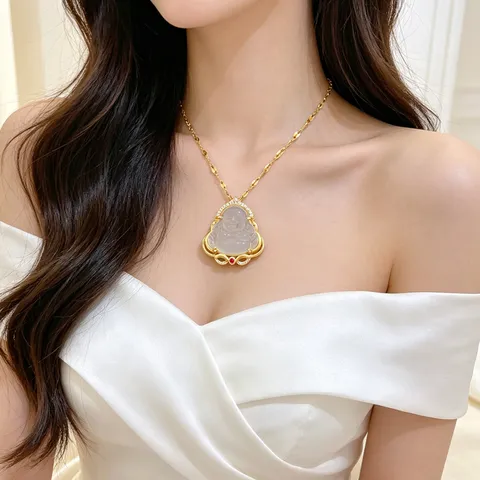Collana Con Pendente Buddha Catena In Acciaio Inossidabile Con Finta Giada Zircone E Rubino Sintetico Gioielli Portafortuna Per Donna