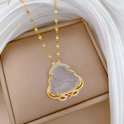 Collana Con Pendente Buddha Catena In Acciaio Inossidabile Con Finta Giada Zircone E Rubino Sintetico Gioielli Portafortuna Per Donna