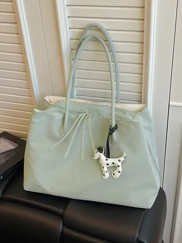 Large Capacity Nylon Tote Bag Women Casual Commuting Shoulder Bag Colorblock Handbag with Pendant