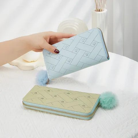 Women Long Wallet PU Leather Clutch Purse With Heart Embroidery And Plush Ball Pendant Wristlet Multi-Functional Card Holder