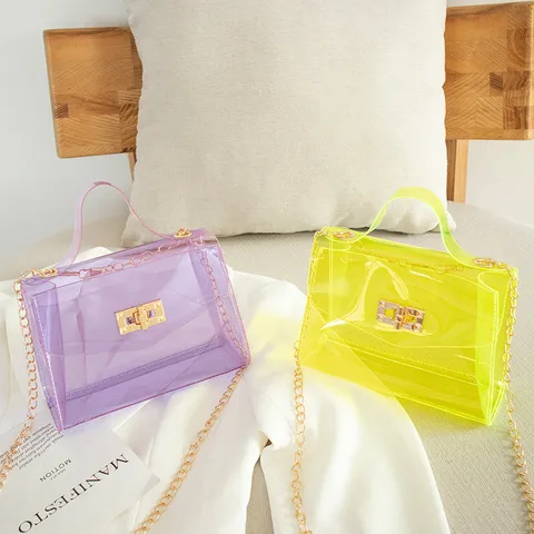Women Transparent Jelly PVC Small Square Handbag Fashion Clear Metal Chain Shoulder Bag Candy Color Crossbody Purse