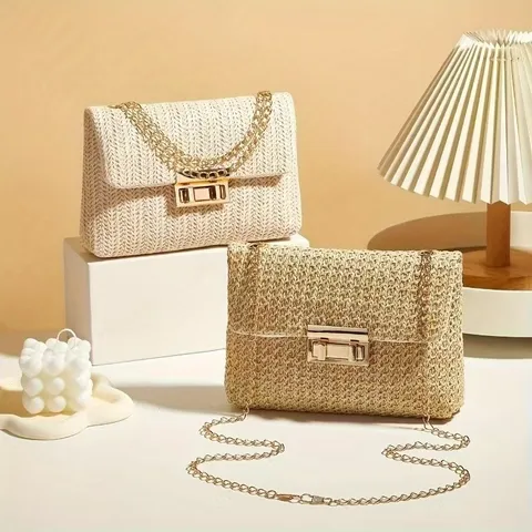 Women Fashion Woven Straw Crossbody Bag Summer Chain Small Square Shoulder Bag Double Lock Buckle Versatile Travel Purse