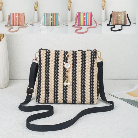 Damen Japanische Gewebte Stroh Eimertasche Mit Katzenkopf Künstliche Perle Anhänger Gestreifte Regenbogen Umhängetasche Für Alltag Lässig