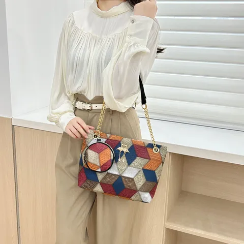 Koreanischen Stil Minimalistisch PU Leder Gesteppt Rautenmuster Tote Umhängetasche Zweiteiliges Set Mit Metallkette Tieranhänger Für Damen