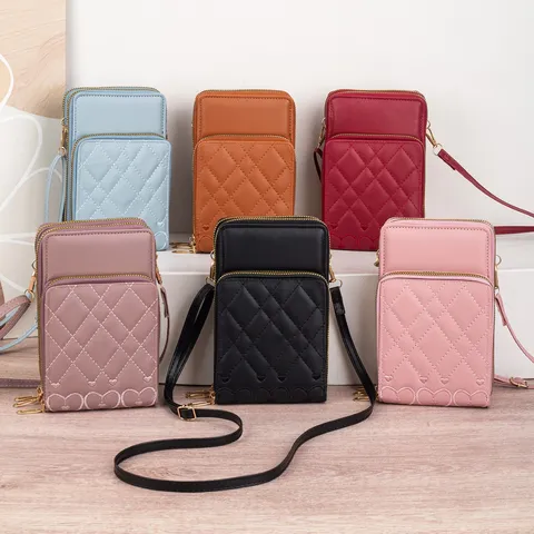 Damen PU Leder Handytasche Drei Reißverschlussschichten Gestepptes Gitter Umhängetasche Schultertasche Herz Stickerei Geldbörse