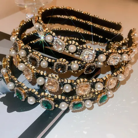 French Court Style Artificial Pearl Rhinestone Headband Vintage Alloy Pave Crystal Hair Band Elegant Banquet Hair Accessories For Women