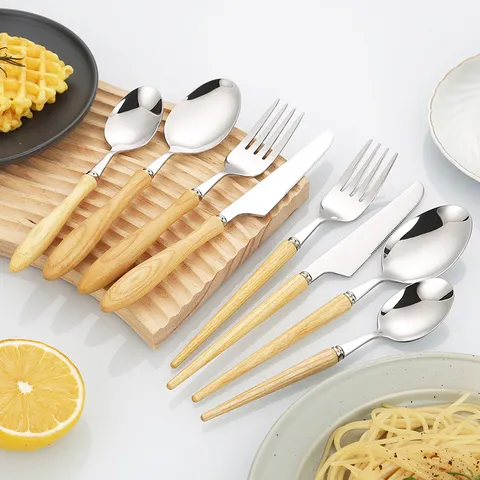 Japanischer Stil Holzgriff Edelstahl Besteck Set Spiegelpoliertes Steakmesser Esslöffel Gabel Kreatives Geschirr Für Haus Restaurant