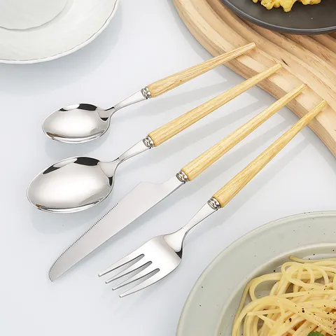 Japanischer Stil Holzgriff Edelstahl Besteck Set Spiegelpoliertes Steakmesser Esslöffel Gabel Kreatives Geschirr Für Haus Restaurant